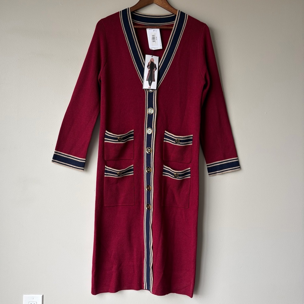 Vertigo Burgundy Navy Striped Trim Longline Button Front Cardigan Duster Small